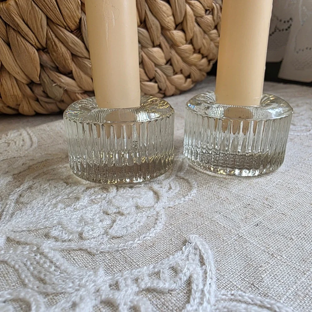 Taper Candle Holders Clear Ribbed Glass MCM Brutalist Set of 2 Minimalist